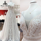 Robe de mariée style bohème rose blush, coupe trapèze, bretelles spaghetti, dos nu, style ROY025