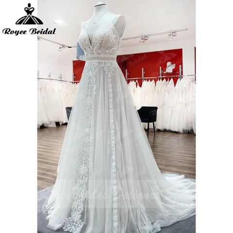 Baoleely A Line Boho Blush Pink Wedding Dress Spaghetti Straps Open Back ROY025