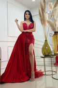 Vestidos de graduación de corte A, color burdeos, con escote corazón, largo hasta el suelo, tul, abertura frontal, sin mangas y con pedrería.