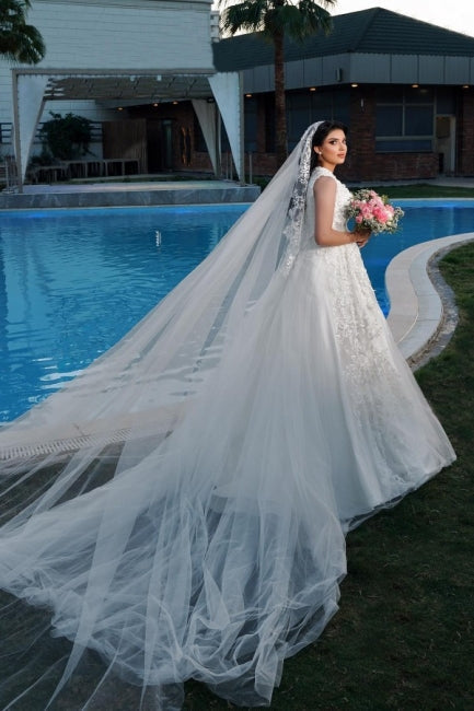 Vestidos de novia de corte A, encantadores, sin mangas, de tul, hasta el suelo, con escote en V y apliques.