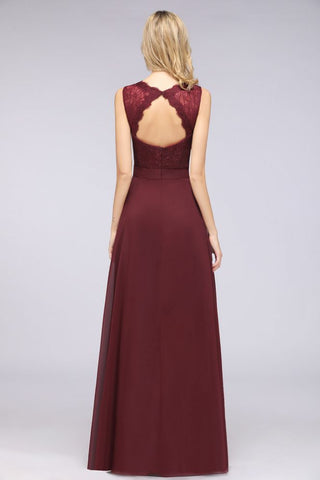 A-Line Chiffon Lace V-Neck Sleeveless Floor-Length Bridesmaid Dresses with Ruffles