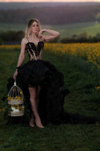 Vestidos de graduación negros de corte asimétrico, escote corazón, sin mangas, de tul y encaje, hasta el suelo, con escote corazón y corte en A.