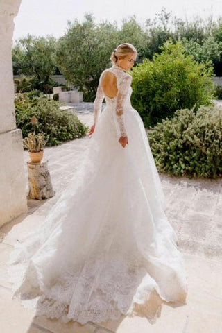 Vestidos de novia de corte A, manga larga, escote cuadrado, largo hasta el suelo, tul, espalda descubierta y encaje.