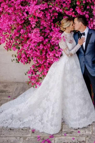 Vestidos de novia de corte A, manga larga, escote cuadrado, largo hasta el suelo, tul, espalda descubierta y encaje.