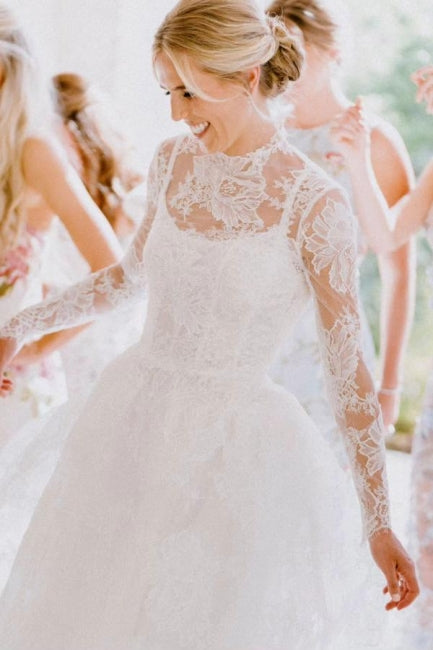 Vestidos de novia de corte A, manga larga, escote cuadrado, largo hasta el suelo, tul, espalda descubierta y encaje.