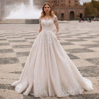 Vestido de novia corte A con cuello redondo, cuentas de cristal, elegante, bohemio, apliques de encaje, manga larga, ideal para fiestas en la playa.