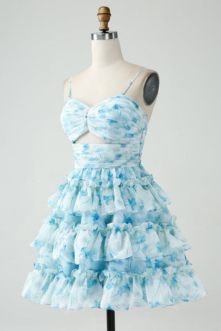 Floral Spaghetti Straps A-Line Tiered Short Homecoming Dress with Ruffles