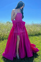 Vestido largo de fiesta de tafetán sin tirantes, corte en A, con abertura