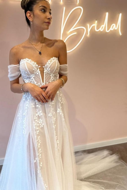 Vestidos de novia de corte línea A, escote corazón, hombros descubiertos, tul, hasta el suelo, con apliques