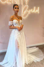 Vestidos de novia de corte línea A, escote corazón, hombros descubiertos, tul, hasta el suelo, con apliques