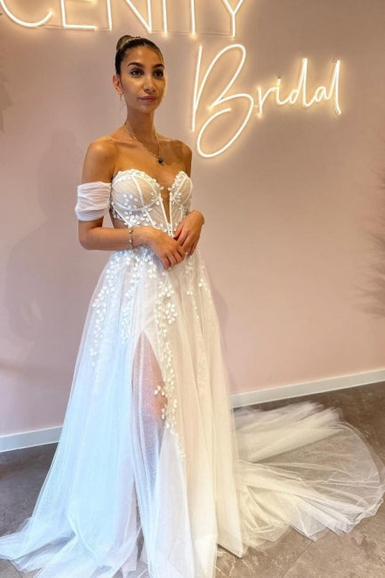 Vestidos de novia de corte línea A, escote corazón, hombros descubiertos, tul, hasta el suelo, con apliques