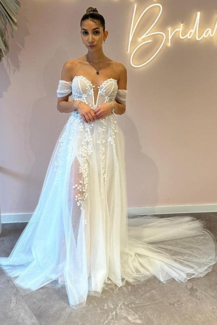 Vestidos de novia de corte línea A, escote corazón, hombros descubiertos, tul, hasta el suelo, con apliques