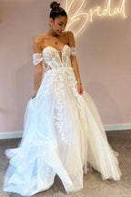 Vestidos de novia de corte línea A, escote corazón, hombros descubiertos, tul, hasta el suelo, con apliques