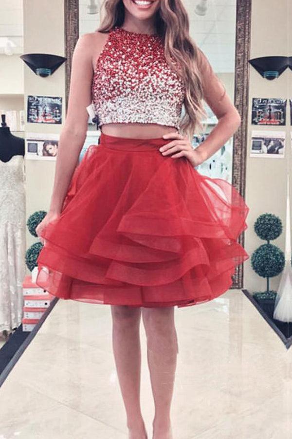 Vestido de fiesta de dos piezas de organza burdeos con top de cuentas y corte en A PD170
