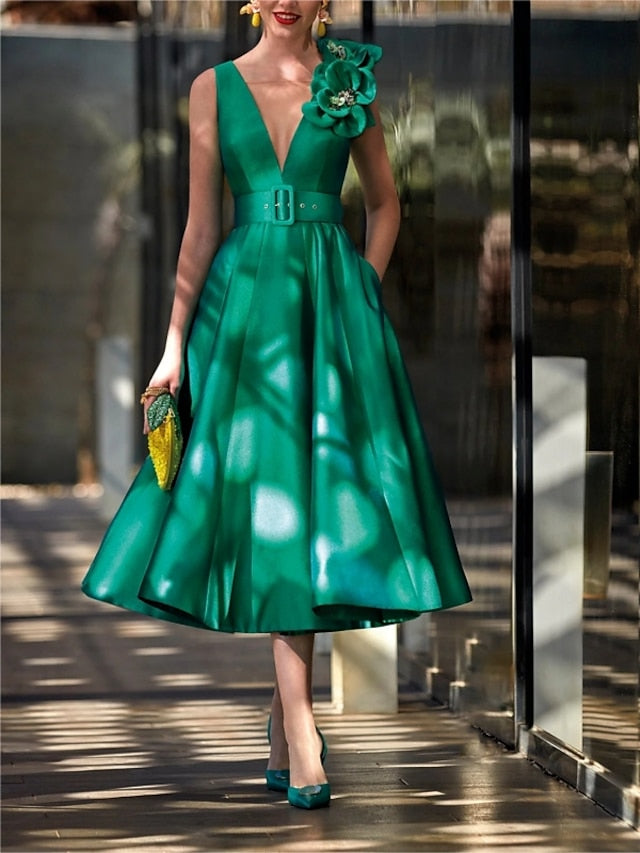 Vestido de madrina de la novia, corte princesa, sin mangas, largo midi, con escote en V, cinturón, volantes y apliques. 