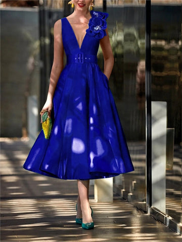 A-Line/Princess V Neck Sleeveless Tea-Length Mother of the Bride Dresses with Belt Ruffles Applique