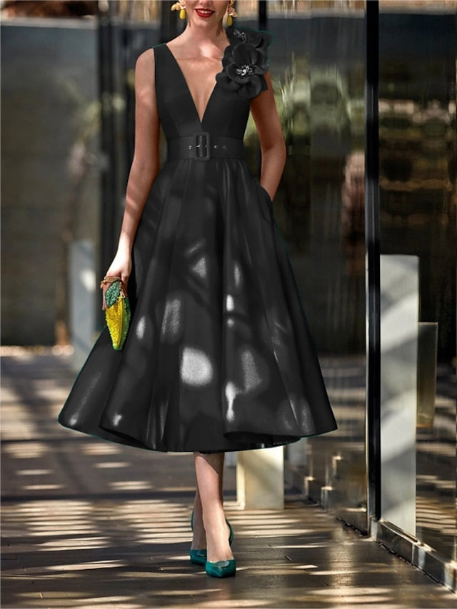 Vestido de madrina de la novia, corte princesa, sin mangas, largo midi, con escote en V, cinturón, volantes y apliques. 