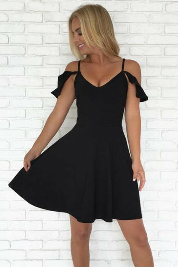 Vestidos cortos negros de fiesta de bienvenida con hombros descubiertos y corte en A, modelo PD223