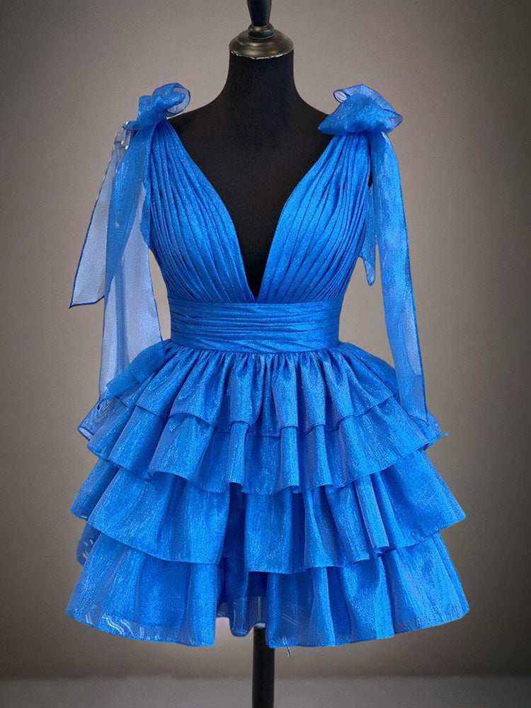 Vestido de fiesta de organza brillante con escote en V profundo y corte en A, con volantes.