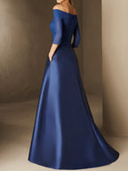 Vestidos de corte princesa/línea A para la madre de la novia, con hombros descubiertos, mangas cortas y aplique de cinturón. 