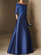 Vestidos de corte princesa/línea A para la madre de la novia, con hombros descubiertos, mangas cortas y aplique de cinturón. 