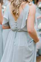 Robe de demoiselle d'honneur longue bleu clair à volants, coupe trapèze, référence BD116