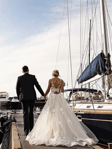 Robe de mariée de plage à imprimé floral en A, dos nu, WD467