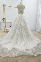 Vestido de novia playero con apliques florales corte A y espalda descubierta WD467