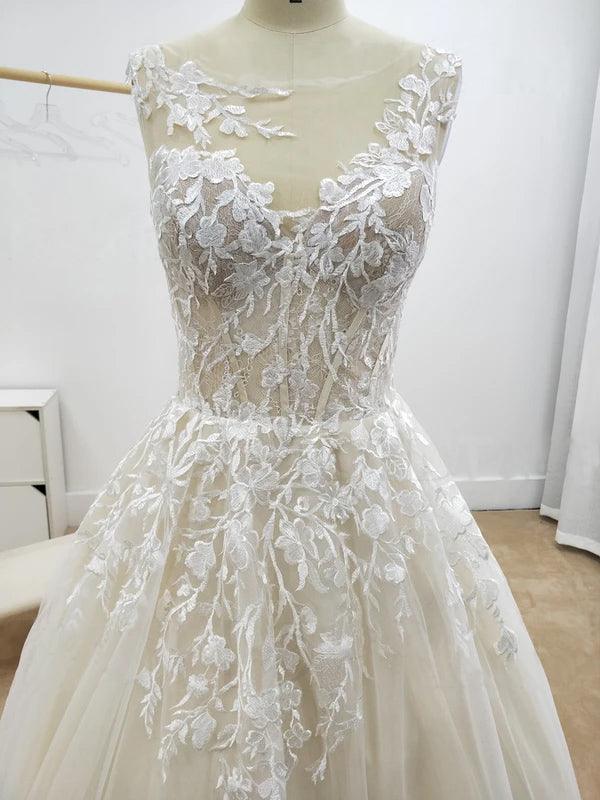 Vestido de novia playero con apliques florales corte A y espalda descubierta WD467