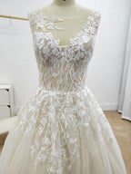 Vestido de novia playero con apliques florales corte A y espalda descubierta WD467
