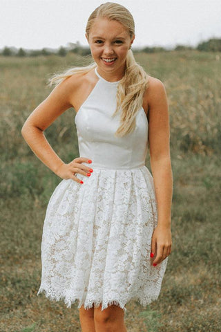 Vestido corto de fiesta de bienvenida, corte en A, encaje marfil, escote halter, espalda descubierta PD449