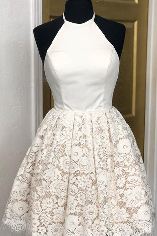 Vestido corto de fiesta de bienvenida, corte en A, encaje marfil, escote halter, espalda descubierta PD449
