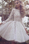 Vestido de fiesta de encaje color marfil, corte en A, hasta la rodilla, mangas largas, PD004