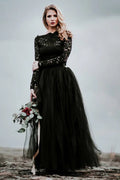 Vestido de novia negro de corte A con apliques de encaje, estilo bohemio, modelo WD744