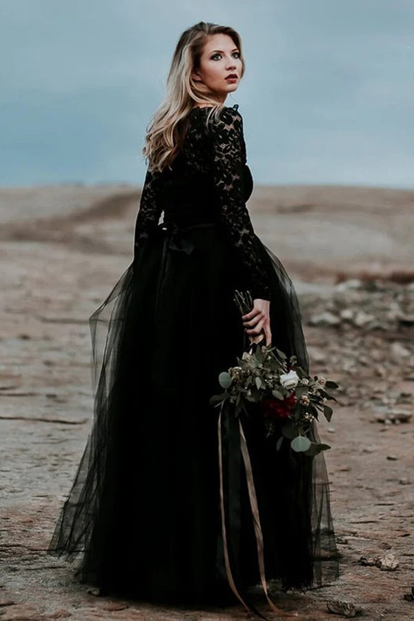 Vestido de novia negro de corte A con apliques de encaje, estilo bohemio, modelo WD744