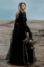 Vestido de novia negro de corte A con apliques de encaje, estilo bohemio, modelo WD744