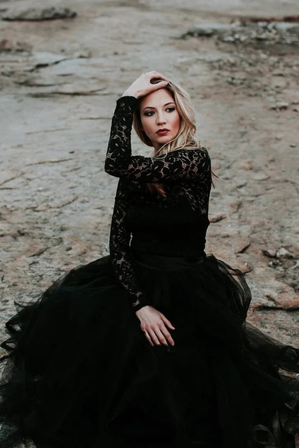 Vestido de novia negro de corte A con apliques de encaje, estilo bohemio, modelo WD744