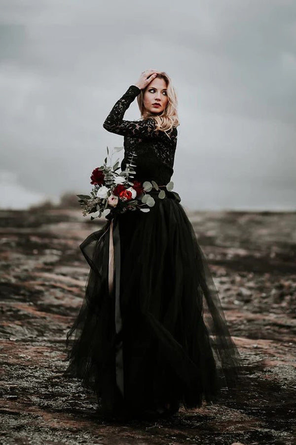 Vestido de novia negro de corte A con apliques de encaje, estilo bohemio, modelo WD744