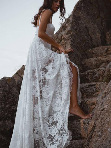 Vestido de novia playero de encaje, corte en A, espalda descubierta, escote en V, tirantes finos, WD566