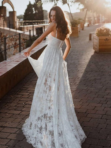 Vestido de novia playero de encaje, corte en A, espalda descubierta, escote en V, tirantes finos, WD566