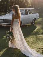 Vestido de novia playero de encaje, corte en A, espalda descubierta, escote en V, tirantes finos, WD566