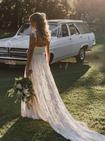 Vestido de novia playero de encaje, corte en A, espalda descubierta, escote en V, tirantes finos, WD566