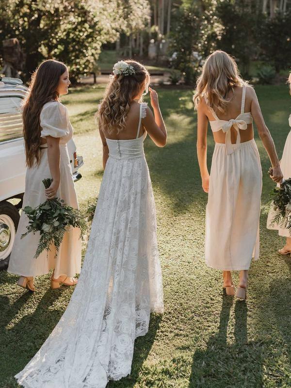 Vestido de novia playero de encaje, corte en A, espalda descubierta, escote en V, tirantes finos, WD566