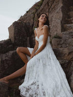 Vestido de novia playero de encaje, corte en A, espalda descubierta, escote en V, tirantes finos, WD566