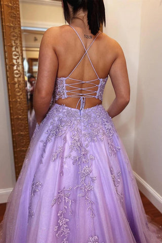 Vestido de noche de fiesta corte A, tul lavanda con apliques, espalda con cordones
