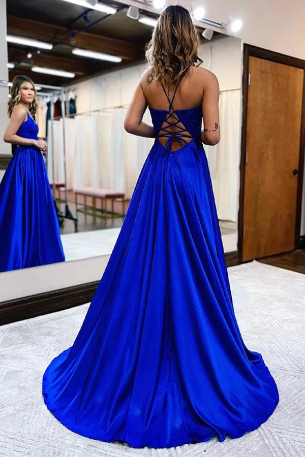 Vestido de noche largo de satén verde oscuro corte A con abertura