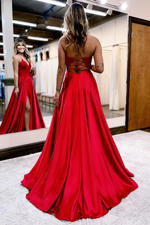 Vestido de noche largo de satén verde oscuro corte A con abertura