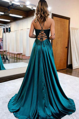 Vestido de noche largo de satén verde oscuro corte A con abertura
