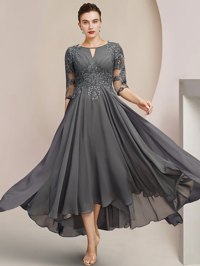 Robes de mère de la mariée coupe trapèze/décolleté princesse, longueur thé 