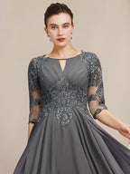 Robes de mère de la mariée coupe trapèze/décolleté princesse, longueur thé 